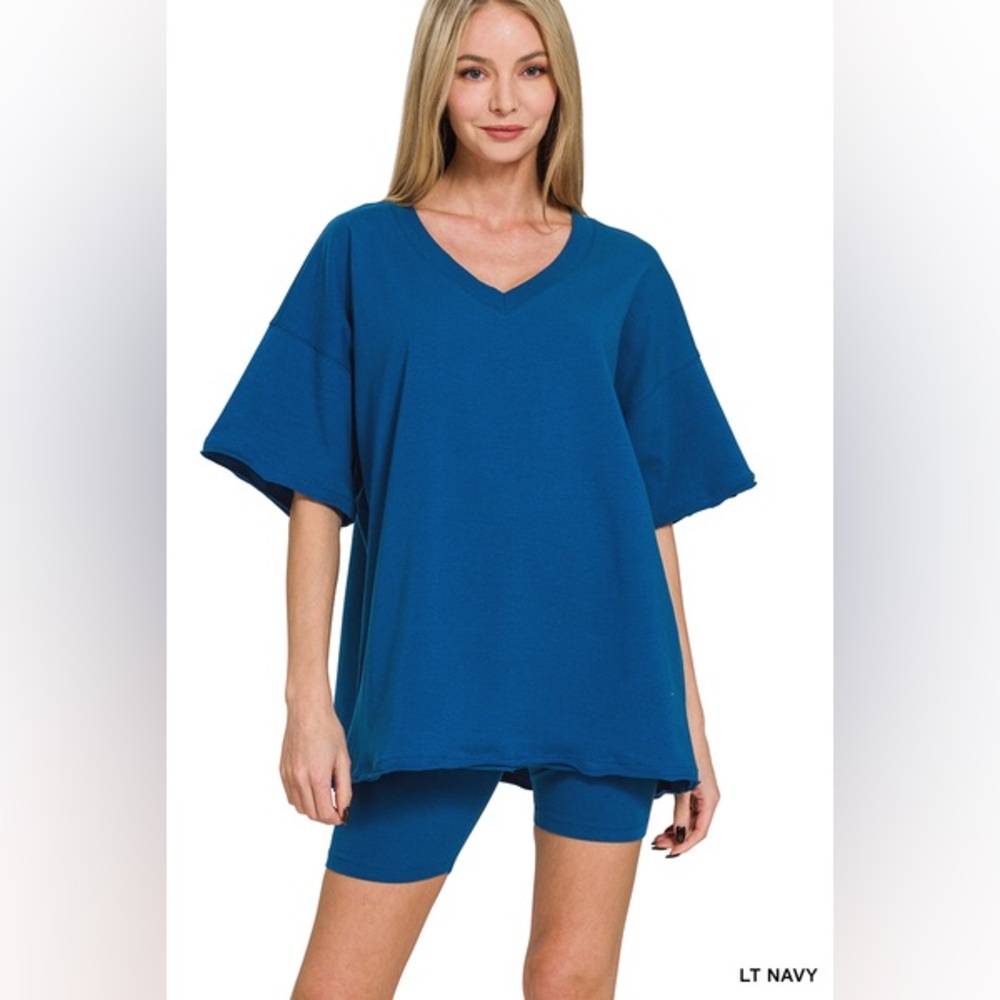 🆕 ZENANA COTTON V-NECK TOP & BIKER SHORTS SET